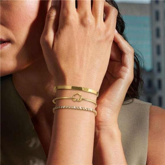 3-Piece Gold Bracelet Set – Dainty Crystal Tennis Bracelet, Love Knot Bangle, an - Picture 3 of 5